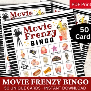 50 Movie Frenzy Bingo Game Card, Akwarele Holiday Themed Activity, Family Reunion PDF, Movie Night Party, Drinking Gathering Icebreaker