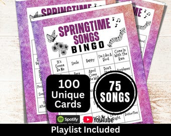Springtime Songs Bingo 100 Card, Garden Birthday Game for Adults Gathering, Spring Travel Music with Playlist, Themed Picnic Party Activity