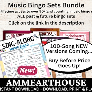 May include: A bundle of music bingo sets with the text "Music Bingo Sets Bundle" at the top. The image includes several bingo cards with song titles and the text "100-Song NEW Versions Coming... Buy Before Price Goes Up!"