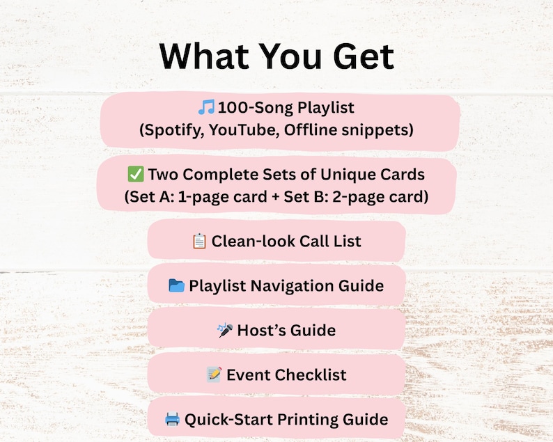 May include: A graphic with the title "What You Get" lists the contents of a product. The list includes a 100-song playlist, two sets of unique cards, a call list, a navigation guide, a host's guide, an event checklist, and a printing guide.