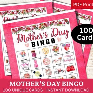 100 Tarjeta de juego de bingo del Día de la Madre, Actividad temática de mamá, PDF de reunión familiar, Fiesta de celebración de mamá, Reunión de agradecimiento a mamá, Noche de juegos