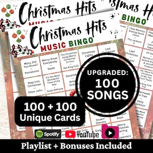 Printable Christmas Hits Music Bingo game featuring 100 favorite holiday songs from classic and modern artists. Includes 100 + 100 unique bingo cards with festive Christmas designs, perfect for family gatherings, school events, office parties, fundraisers, and holiday celebrations. Comes with Spotify, YouTube, and offline playlists, plus bonus extras for easy play and cheerful holiday fun.