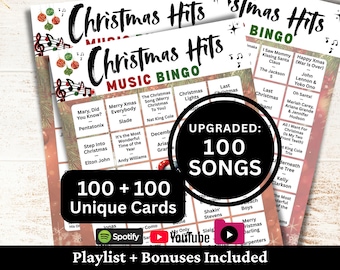 Christmas Hits Music Bingo, 100 Cards, 100 Songs Playlists Included, Printable PDF Game, Instant Download