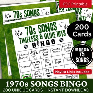 70s Oldie Songs Bingo 200 Cards, atividade de festa musical dos anos 1970 com lista de reprodução, jogo para impressão para reunião noturna em família, bingo para festa de aniversário de formatura