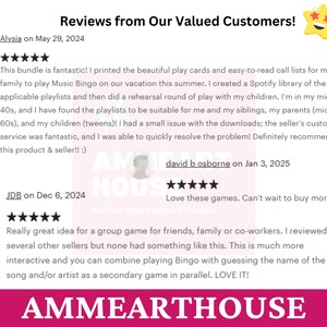 May include: Reviews from customers about a Music Bingo game. The game includes play cards, call lists, and Spotify playlists. The reviews highlight the game's suitability for families and groups, as well as the seller's excellent customer service.