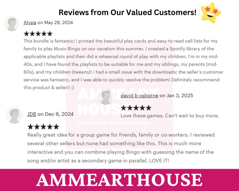 May include: Reviews from customers about a Music Bingo game. The game includes play cards, call lists, and Spotify playlists. The reviews highlight the game's suitability for families and groups, as well as the seller's excellent customer service.