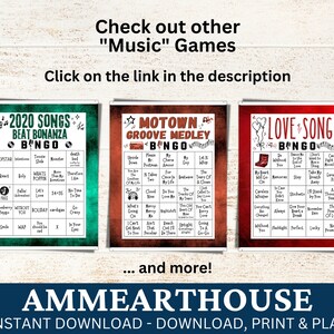 May include: Three printable bingo cards with a music theme. The cards are green, red, and teal. The cards feature titles "2020 Songs Beat Bonanza", "Motown Groove Medley", and "Love Songs".