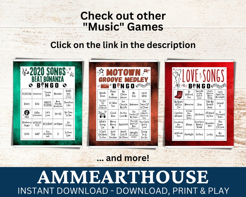 May include: Three printable bingo cards with a music theme. The cards are green, red, and teal. The cards feature titles "2020 Songs Beat Bonanza", "Motown Groove Medley", and "Love Songs".
