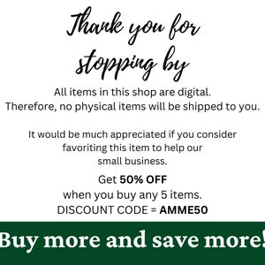 May include: Thank you for stopping by. All items in this shop are digital. Therefore, no physical items will be shipped to you. It would be much appreciated if you consider favouriting this item to help our small business. Get 50% OFF when you buy any 5 items. DISCOUNT CODE = AMME50 Buy more and save more!