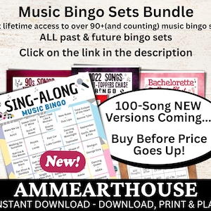 Puede incluir: Paquete de juegos de bingo musical con varios temas, incluyendo canciones de los 90 y despedidas de soltera. La imagen presenta varias tarjetas de bingo con t&iacute;tulos de canciones y el texto "Sing-Along Music Bingo".