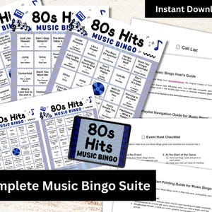 May include: A collection of 80s Hits Music Bingo game cards and guides. The bingo cards are white with blue accents and feature song titles. The image also includes the text "Instant Download" and "Complete Music Bingo Suite."