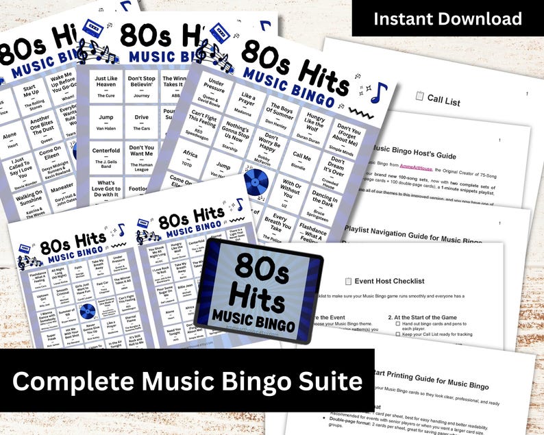 May include: A collection of 80s Hits Music Bingo game cards and guides. The bingo cards are white with blue accents and feature song titles. The image also includes the text "Instant Download" and "Complete Music Bingo Suite."