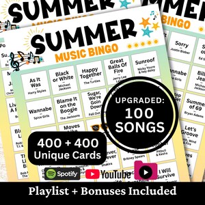 Może przedstawiać: Karty do gry w letnie muzyczne bingo o kolorowym designie. Karty zawierają tytuły piosenek i tekst "Summer Music Bingo" na g&oacute;rze. Karty zawierają tekst "Upgraded: 100 Songs" i "400 + 400 Unique Cards".