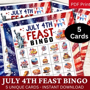 5 July 4th Feast Watercolor Bingo Game, Food Drink Family Party, Summer Guest Activity, Independence Day Theme Icebreaker Printable PDF