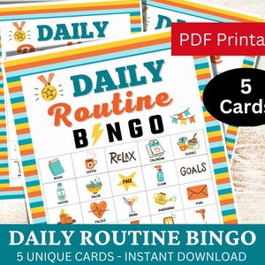 5 cartões de jogo de bingo de rotina diária, bingo de tarefas diárias, folha de pacote para impressão de autocuidado, jogo de hábitos de bem-estar para adultos, atividade de jogo solo