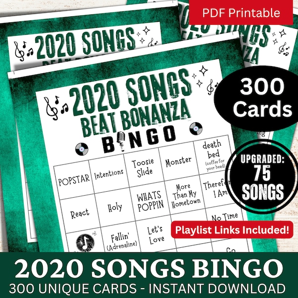 2020 Songs Bingo 300 Cards, Friend Birthday Theme Gathering Activity, Family Reunion Party Night Game, Throwback Music Bingo with Playlist