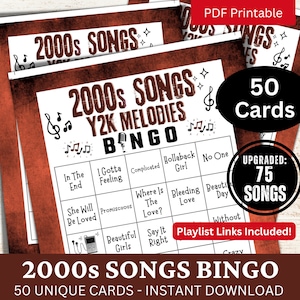 Bingo z piosenkami z lat 2000. 50 kart, impreza Y2K Family Reunion Night, muzyka retro Bingo z listą odtwarzania, aktywność na temat spotkania urodzinowego przyjaciela
