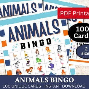 Scheda da gioco Bingo con 100 animali, Attività per feste a tema fauna per aula, Gioco PDF stampabile per gli amanti degli animali, Divertente gioco Bingo per la Giornata mondiale degli animali