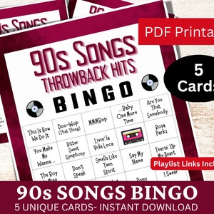 5 tarjetas de juego de bingo con canciones retrospectivas de los 90, actividad de fiesta musical atemporal, juego imprimible de reunión nocturna familiar, PDF de cumpleaños para amantes de lo retro