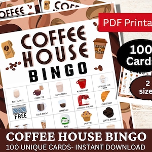 100 Coffee House Bingo Game Card, Fun Coffee Shop Theme Birthday Party Activity, Bridal Shower Game Printable, Café Opening Game PDF