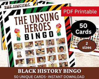 50 Unsung Heroes Bingo Game Card, Black History Month Theme Class Party Activity, Event Game PDF Printable for Gathering, for Kids and Adult