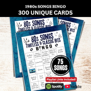 80s Classic Songs Bingo 300 Cards, 1980s Music Bingo with Playlist 75 Songs, Family Retro Night Gathering Game, Birthday Party Activity