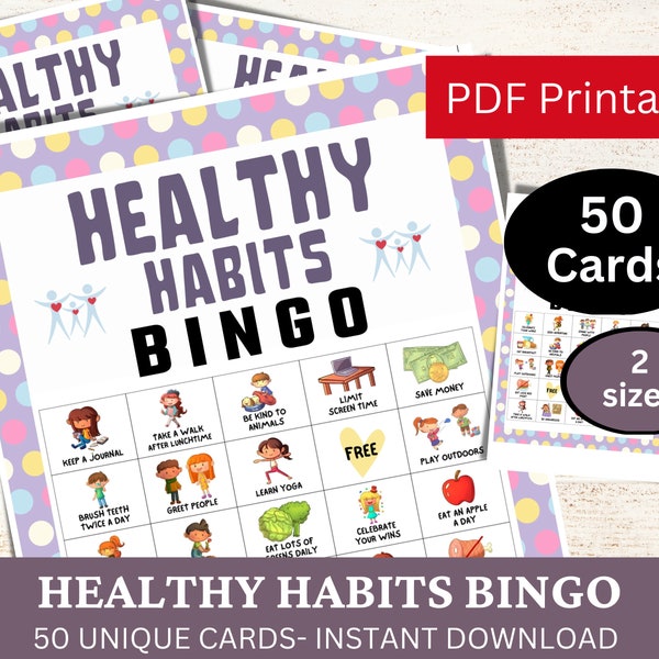 50 Healthy Habits Bingo Game Card for Kid and Adult, Good Practice Activity, Self-Care Game Printable, Love Yourself Game PDF, Mental Health