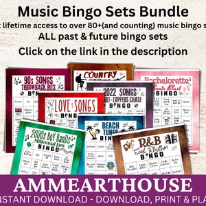 May include: A collection of printable music bingo cards with various themes, including 90s songs, love songs, country, beach tunes, R&B, and bachelorette beats. The cards are colorful and feature a variety of music-related icons. The text "AMMEARTHOUSE" is displayed at the bottom of the image, along with the text "INSTANT DOWNLOAD - DOWNLOAD, PRINT & PLAY".