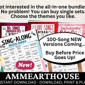 Pu&ograve; includere: Una collezione di cartelle di bingo a tema musicale, tra cui "90s Songs Throwback Hits", "Love Songs Bingo" e "Bachelorette Beats Blast". L'immagine presenta anche una cartella "Sing-Along Music Bingo" con i titoli delle canzoni. Il testo sull'immagine recita "100-Song NEW Versions Coming..."