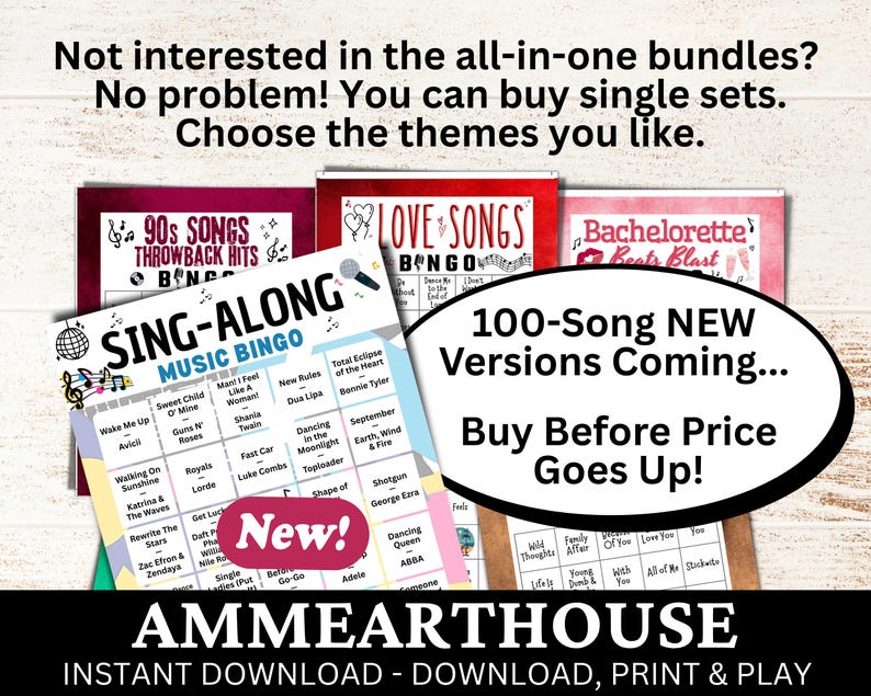 Pu&ograve; includere: Una collezione di cartelle di bingo a tema musicale, tra cui "90s Songs Throwback Hits", "Love Songs Bingo" e "Bachelorette Beats Blast". L'immagine presenta anche una cartella "Sing-Along Music Bingo" con i titoli delle canzoni. Il testo sull'immagine recita "100-Song NEW Versions Coming..."