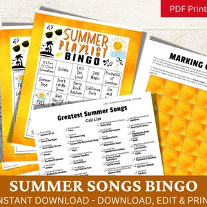 May include: A printable summer songs bingo game with a yellow and orange colour scheme. The game includes a call list of 75 summer songs and a bingo card with squares featuring summer-themed phrases like "It's Five O'Clock Somewhere" and "Don't Let Me Down".
