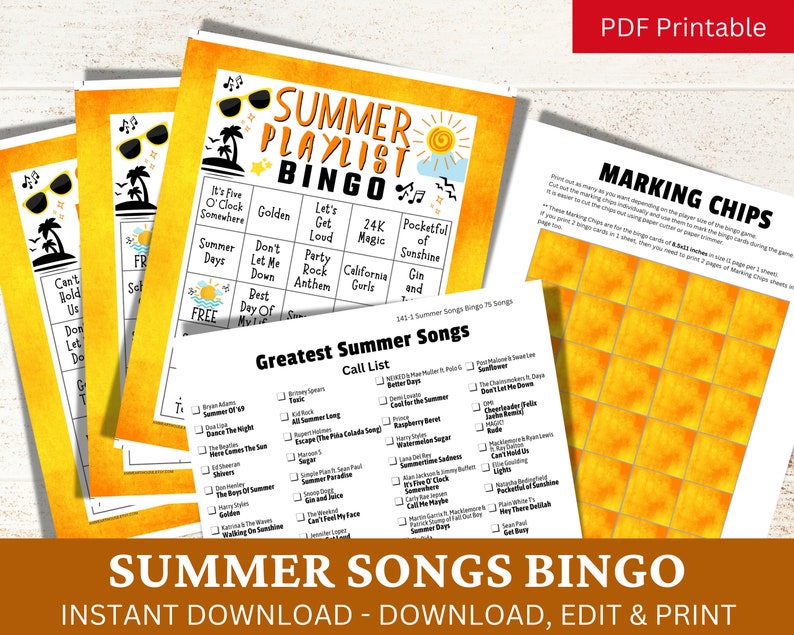 May include: A printable summer songs bingo game with a yellow and orange colour scheme. The game includes a call list of 75 summer songs and a bingo card with squares featuring summer-themed phrases like "It's Five O'Clock Somewhere" and "Don't Let Me Down".