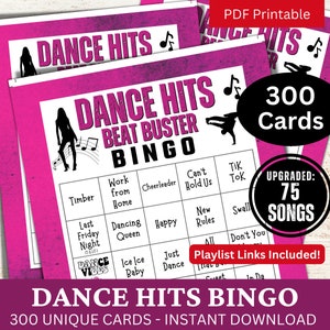 300 cartes de bingo avec chants de danse, bingo brise-glace pour anniversaire d'adulte, jeu musical avec liste de lecture, activité sur le thème de la fête des personnes âgées dans un club social