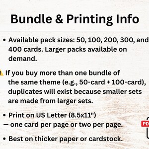 Puede incluir: Fondo blanco con el texto "Bundle & Printing Info". El texto describe los tama&ntilde;os de paquete disponibles, las instrucciones de impresi&oacute;n y las recomendaciones de papel. Un icono PDF est&aacute; en la esquina inferior derecha.