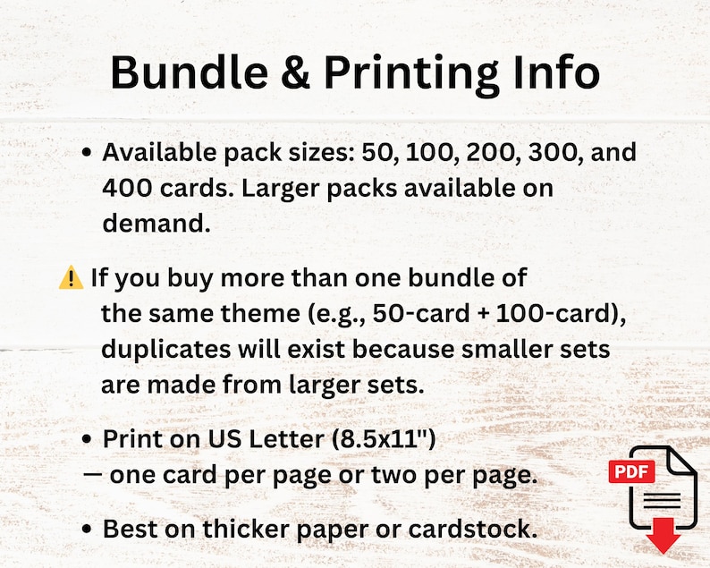 Puede incluir: Fondo blanco con el texto "Bundle & Printing Info". El texto describe los tama&ntilde;os de paquete disponibles, las instrucciones de impresi&oacute;n y las recomendaciones de papel. Un icono PDF est&aacute; en la esquina inferior derecha.