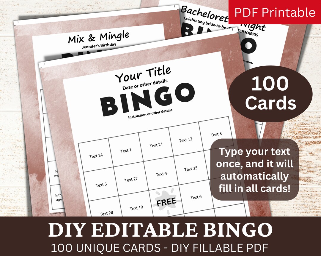 100 Editable Bingo Watercolor Brown Template PDF, DIY Fillable Game ...