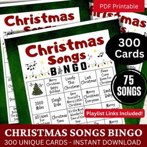 Weihnachtslieder-Bingo 300 Karten, Winterwork-Gathering-Spiel zum Ausdrucken, Best-Xmas-Song-Bingo mit Playlist, lustige Familienurlaubsparty-Aktivität