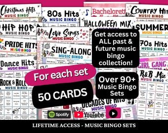 Bundel muziekbingosets: 50 unieke bingokaarten, ALLE oude en toekomstige muziekbingosets, toegang tot Google Drive, muziekbingo met afspeellijst
