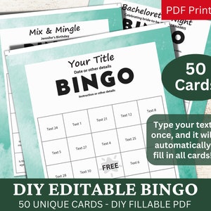 50 PDF de plantilla editable de color turquesa de bingo, tarjeta de juego rellenable DIY, relleno automático personalizado, personalizado haga su propio generador