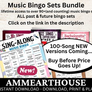 Pu&ograve; includere: Un pacchetto di set di bingo musicale con il testo "Music Bingo Sets Bundle". L'immagine include cartelle di bingo con titoli di canzoni e il testo "Sing-Along Music Bingo". L'immagine include anche il testo "100-Song NEW Versions Coming... Buy Before Price Goes Up!"