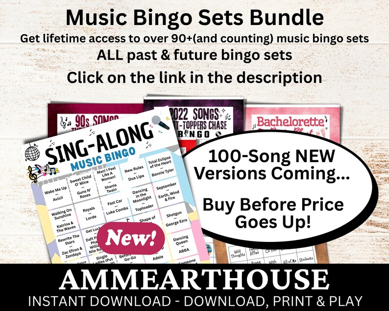 Pu&ograve; includere: Un pacchetto di set di bingo musicale con il testo "Music Bingo Sets Bundle". L'immagine include cartelle di bingo con titoli di canzoni e il testo "Sing-Along Music Bingo". L'immagine include anche il testo "100-Song NEW Versions Coming... Buy Before Price Goes Up!"