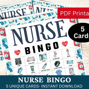 5 cartões de jogo de bingo para enfermeiras, atividade de festa com tema médico, jogo em PDF para impressão para graduação de estudantes de enfermagem, reunião de agradecimento à aposentadoria