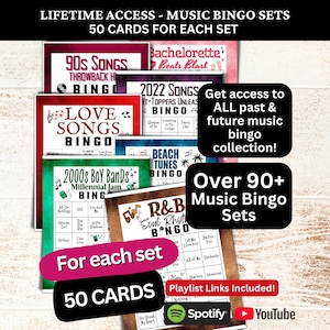 Music Bingo Sets Bundle - 50 Unique Bingo Cards, ALL Past and Future Music Bingo Sets, Google Drive Access, Music Bingo with Playlist