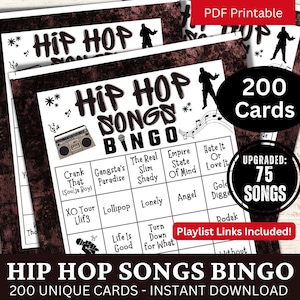 200 cartes de bingo avec chansons hip hop, bingo avec musique rap avec liste de lecture 75 chansons, jeu imprimable pour soirées familiales, activité de fête d'anniversaire