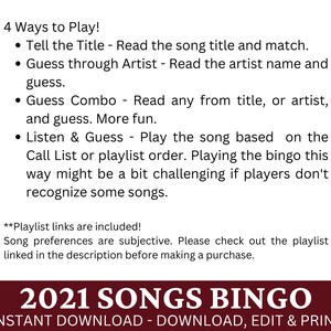 Puede incluir: Una tarjeta de bingo de canciones de 2021 imprimible con instrucciones para cuatro formas diferentes de jugar. El texto dice "2021 Songs Bingo Descarga instant&aacute;nea - Descargar, editar e imprimir".