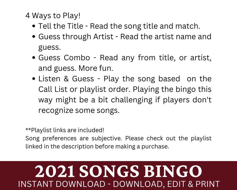 Puede incluir: Una tarjeta de bingo de canciones de 2021 imprimible con instrucciones para cuatro formas diferentes de jugar. El texto dice "2021 Songs Bingo Descarga instant&aacute;nea - Descargar, editar e imprimir".