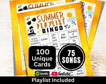 Summer Songs Bingo 100 Cards, Friend Reunion Party Game, Family Birthday Gathering Activity, Summertime Picnic Themed Music with Playlist