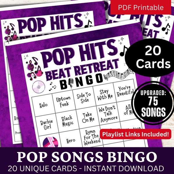 Pop Songs Bingo 20 Cards, Music Bingo with Playlist, Birthday Game for Adults, Family Night Gathering Game PDF, Reunion Bash Party Activity