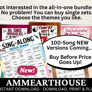 May include: A collection of music bingo cards with various themes, including 90s songs, country hits, and bachelorette party beats. The cards feature song titles and are labeled "Sing-Along Music Bingo." The image also includes text promoting new versions.