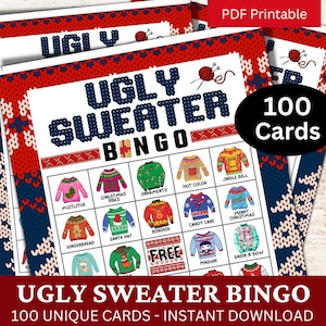 Ugly Christmas Sweater Bingo 100 kaarten, Winter Family Game Printable, Xmas Gathering Game PDF, Leuke vakantiefeestactiviteit